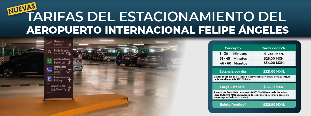 Conoce las nuevas tarifas y modalidad de cobro en el estacionamiento del AIFA.  